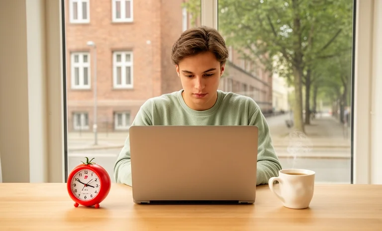Masasında kitaplar ve telefon bulunan genç, ders çalışırken odaklanma sorunu ile mücadele ediyor.