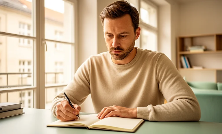 Yatakta yorgun oturan bir kişinin çalar saate bakarak düşük motivasyon hissettiği anı gösteren illüstrasyon.