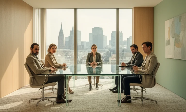 Modern bir ofis masasında bir araya gelen çalışanlar, güçlü bir ekip motivasyonu sağlamak adına beyin fırtınası yapıyor.