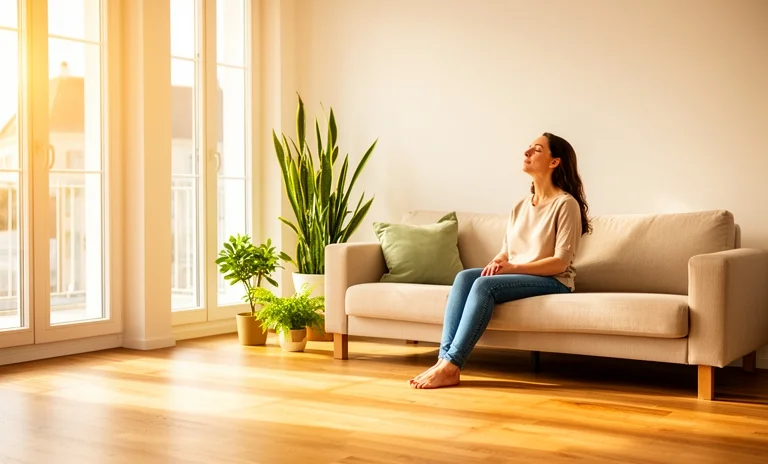 Ferah bir salonda koltukta oturan kadının evde sade ve minimalist yaşamak üzerine huzurlu anı.