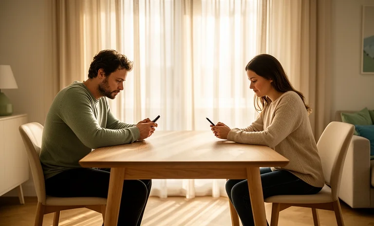 Yemek masasında konuşmadan telefonlarına bakan çift, evlilikte iletişim kopukluğu yaşadığını gösteriyor.