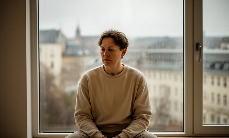 Doğada sakince oturan ve zihinsel dinginlik arayan bir kişinin farkındalık yolculuğunu simgeleyen huzurlu bir an.