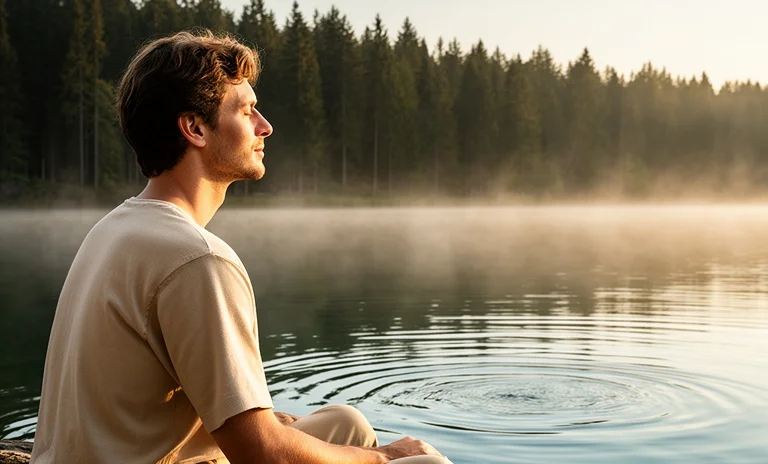 Sakin bir doğa manzarasında meditasyon yaparak zihinsel farkındalık arayan bir insanın huzurlu anı.