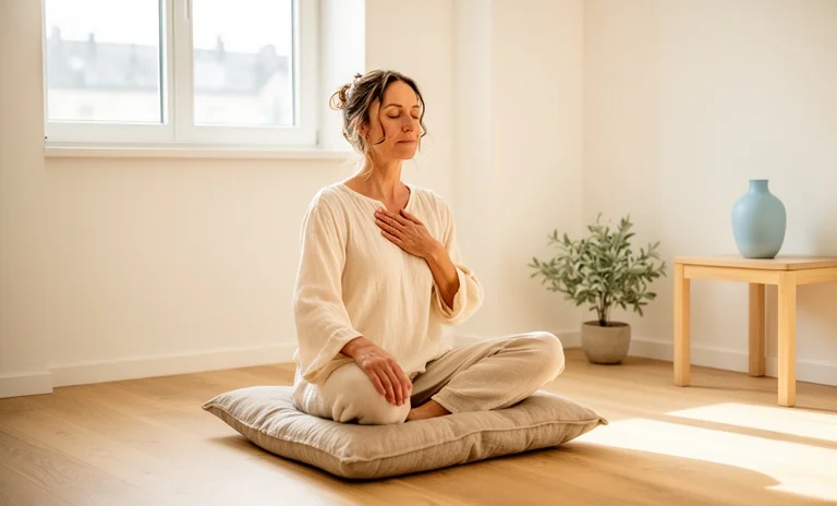 Doğada sakince meditasyon yapan kişi zihinsel farkındalık yolculuğunu ve içsel huzur arayışını temsil ediyor.