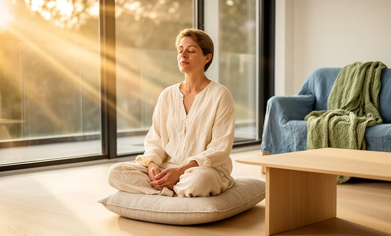 Sakin bir doğa ortamında meditasyon yaparak zihinsel farkındalık yolculuğuna başlayan dingin bir insan.