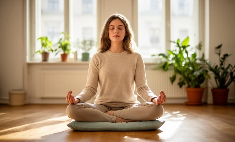 Evinde gözleri kapalı lotus pozisyonunda farkındalık meditasyonu yapan huzurlu genç bir kadın.