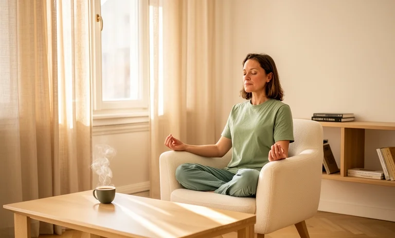 Sessiz bir odada lotus pozisyonunda oturarak farkındalık meditasyonu yapan ve odaklanan kişi.
