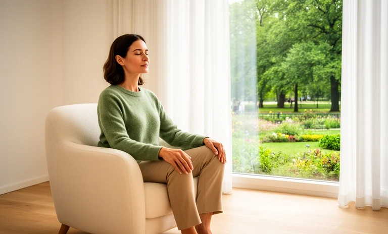 Aydınlık bir odada lotus pozisyonunda oturarak farkındalık meditasyonu yapan huzurlu bir kadın.