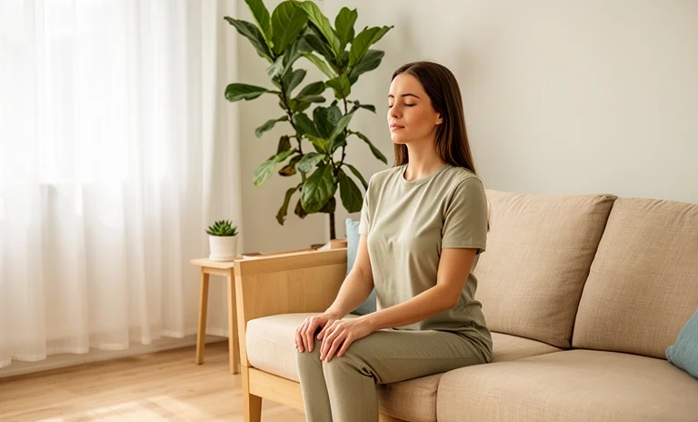 Sessiz bir odada gözleri kapalı oturarak farkındalık meditasyonu yapan huzurlu bir kadın.