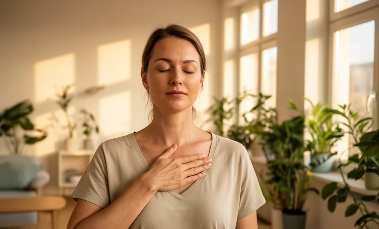 Sakin bir odada gözleri kapalı lotus pozisyonunda oturarak farkındalık meditasyonu yapan genç kadın.