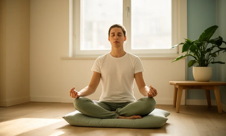 Gün ışığı alan odada minderde oturup farkındalık meditasyonu yapan huzurlu bir kadın.
