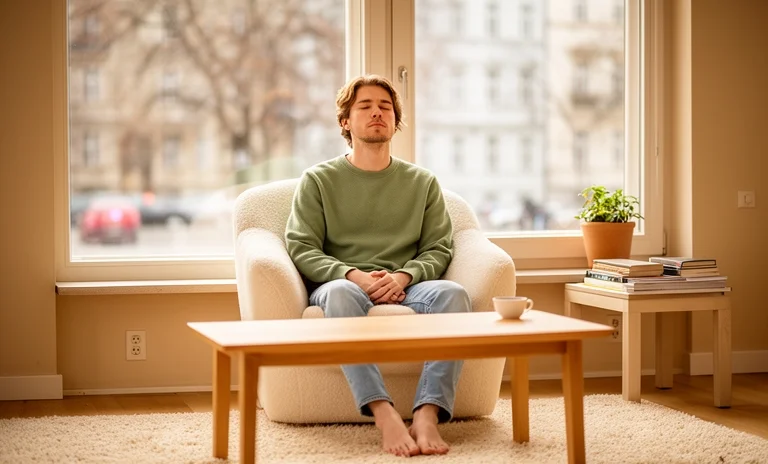 Sessiz ve aydınlık bir ortamda gözleri kapalı şekilde farkındalık meditasyonu yapan huzurlu bir genç kadın.