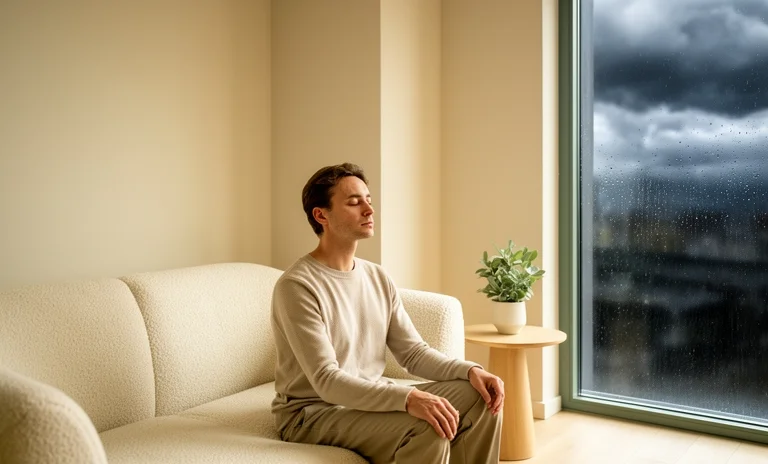 Gün ışığında gözleri kapalı şekilde farkındalık meditasyonu yapan huzurlu bir kadın figürü.