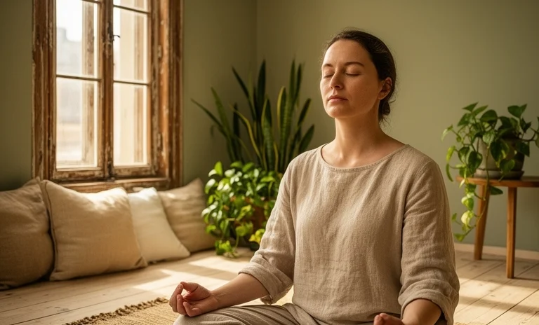 Sakin bir odada gözleri kapalı oturan kişinin farkındalık meditasyonu ile zihinsel huzuru bulma anı.