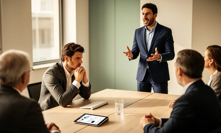 Modern bir ofis toplantısında düşüncelerini özgüvenle anlatan iş insanı ve iletişim becerilerini geliştirmek isteyen dinleyic