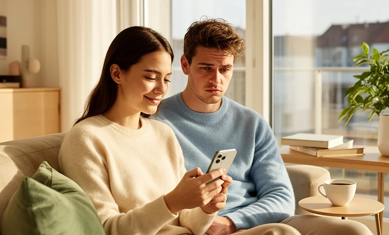 Telefonuna bakan partnerine endişeyle bakan kadın, ilişkide kıskançlık duygusunu ve kaybetme korkusunu simgeliyor.