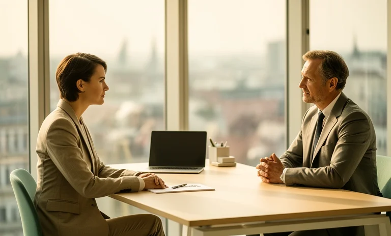 Modern bir ofis ortamında şık iş kıyafeti giymiş adayın mülakat sırasındaki profesyonel duruşu.