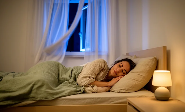 Loş bir yatak odasında rahatça uyuyan kadın, kaliteli uyku deneyimi için ideal gece ortamını yansıtıyor.