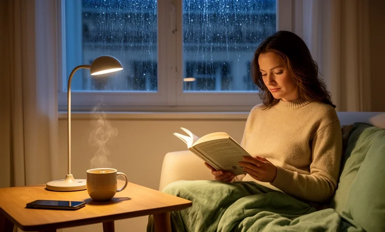 Gece loş ışıkta huzurla kitap okuyan kişi, kişisel gelişim ve günlük okuma rutiniyle zihnini dinlendiriyor.