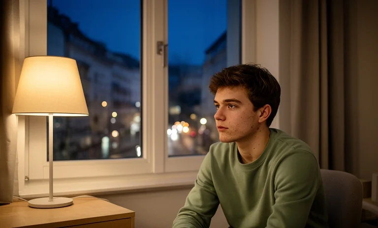 Gece pencere kenarında sakince oturan ve zihinsel dengesini arayan adam psikolojik sağlamlık duygusunu simgeliyor.