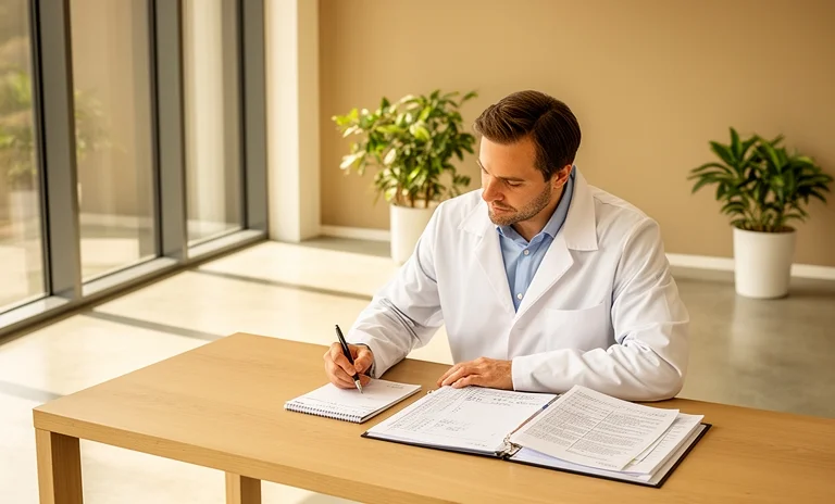 Sakin bir klinikte uzmanla görüşen hasta, ruh sağlığı için hangi doktora başvuracağını simgeliyor.