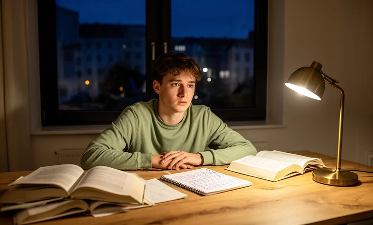Gece çalışma masasında kitaplarıyla ders çalışan öğrenci, sınav sürecinde motivasyon görseli.