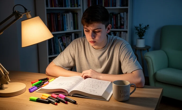 Gece geç saatte ders masasında yorgun düşmüş öğrenci, sınava hazırlanırken motivasyon bulmaya çalışıyor.