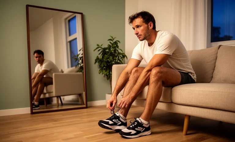 Evde spor ayakkabılarını bağlayıp antrenmana hazırlanan azimli adam, spora başlamak için motivasyon kaynağı oluşturuyor.