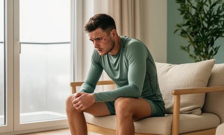 Spor salonunda oturup çantasına bakan yorgun sporcu, sporda motivasyon kaybı anını ve zihinsel direnci yansıtıyor.