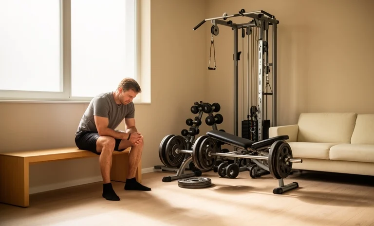 Spor çantasının yanında düşünceli oturan yorgun bir sporcu sporda motivasyon kaybı hissini simgeliyor.