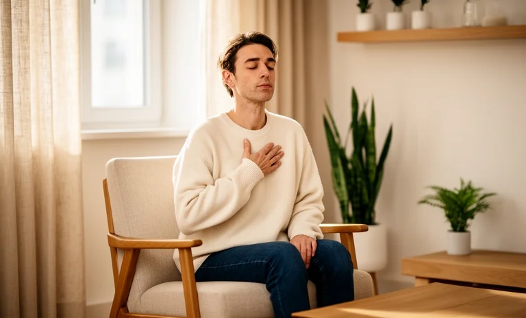 Karanlık bir odada başını elleri arasına almış, sürekli kaygı bozukluğu zihinsel karmaşasını yaşayan insan.