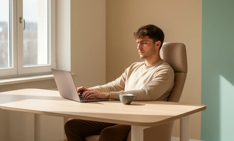 Masa başında laptop karşısında yorgun oturan adam, sürekli motivasyon kaybı hissini simgeliyor.