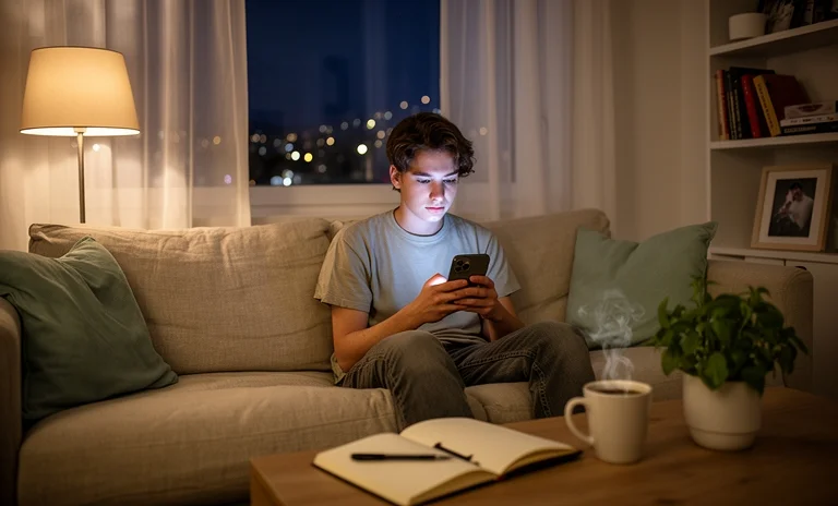 Gece karanlığında ışığı yanan telefon ekranına özlemle bakan, uzak mesafe ilişkisi içindeki genç bir insan.