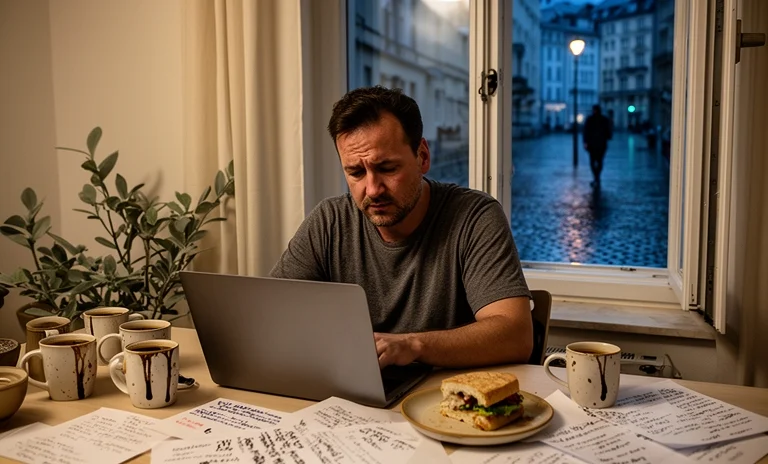 Gece geç saatte bilgisayar başında uzaktan çalışırken yorulmuş bir profesyonel ve çalışma masası.