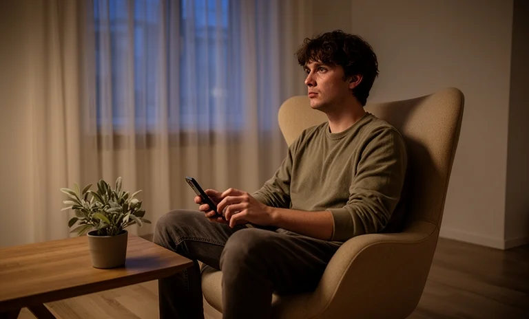 Doğada huzurla oturan ve akıllı telefonunu kapatan genç bir kadın ile verimli dijital detoks anı.