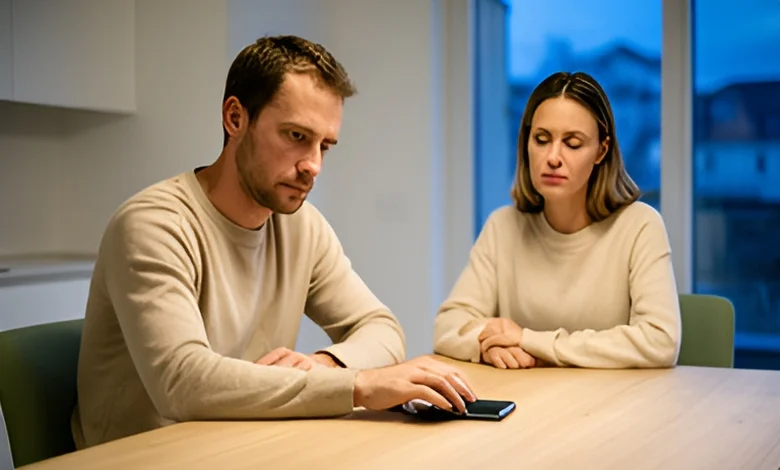 Masadaki telefonunu telaşla saklayan adam ve bir erkeğin aldattığı nasıl anlaşılır hissini yaşayan partneri.