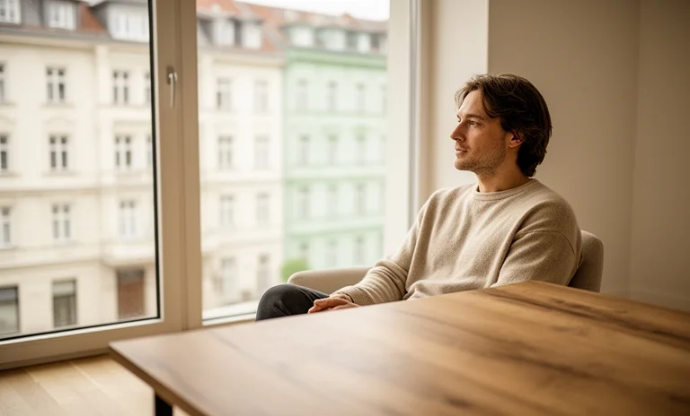 Sakin bir ortamda meditasyon yapan bir kişinin duygusal olgunluk ve içsel dengeyi temsil eden illüstrasyonu.