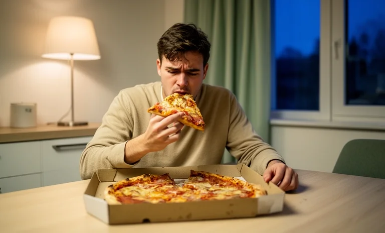Gece odasında stresli bir şekilde büyük bir pizza yiyen üzgün kadın duygusal yeme bozukluğu anını yansıtıyor.