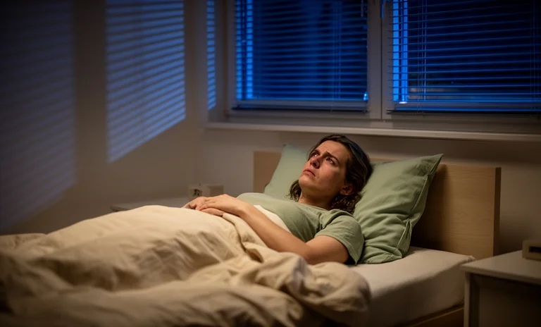 Gece karanlık bir odada gözlerini kapatıp farkındalık ile kaygı yönetimi uygulayarak zihnini sakinleştiren kişi.