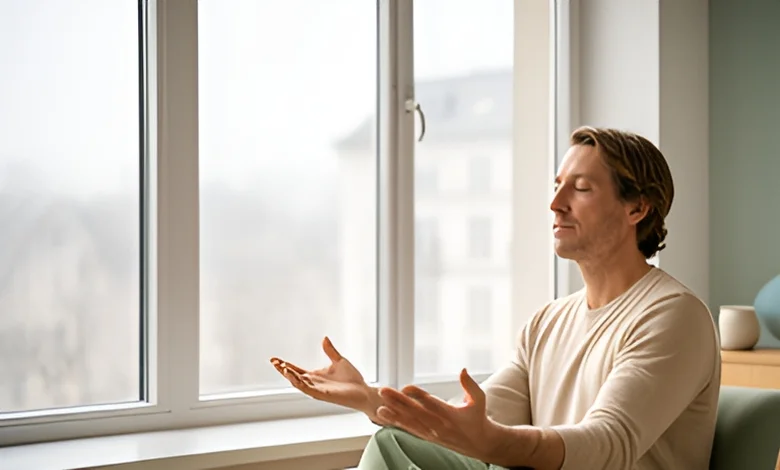 Sakin bir odada meditasyon yaparak farkındalık temelli terapi uygulayan ve zihnini yatıştıran kişi.