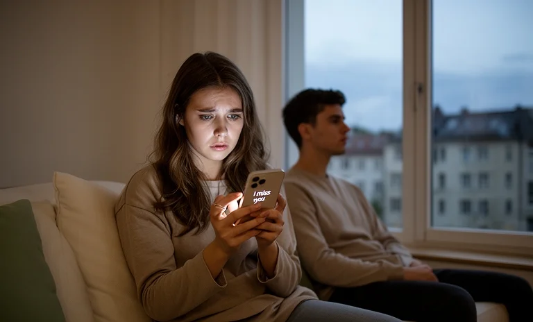 Koltukta oturan ve telefonuna bakan eşinin yanında ilişkide ilgi görmemek nedeniyle yalnız hisseden kadın.