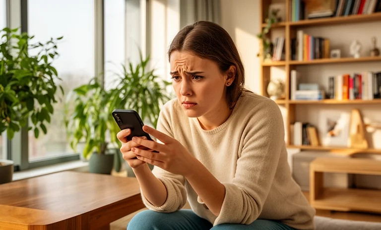 Telefonuna endişeyle bakan yalnız bir kadın, ilişkilerde kaygılı bağlanma stili ve terkedilme korkusunu simgeliyor.