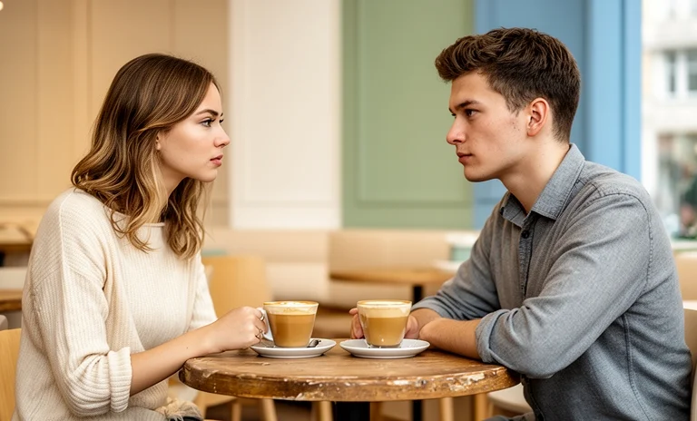 Kafe masasında sohbet eden çift, ilk buluşmada dikkat edilmesi gerekenler için beden dilinin önemini yansıtıyor.