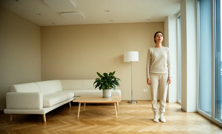 Aydınlık bir salonda az ve işlevsel mobilyalarla kurgulanmış ferah bir minimalist ev düzeni.