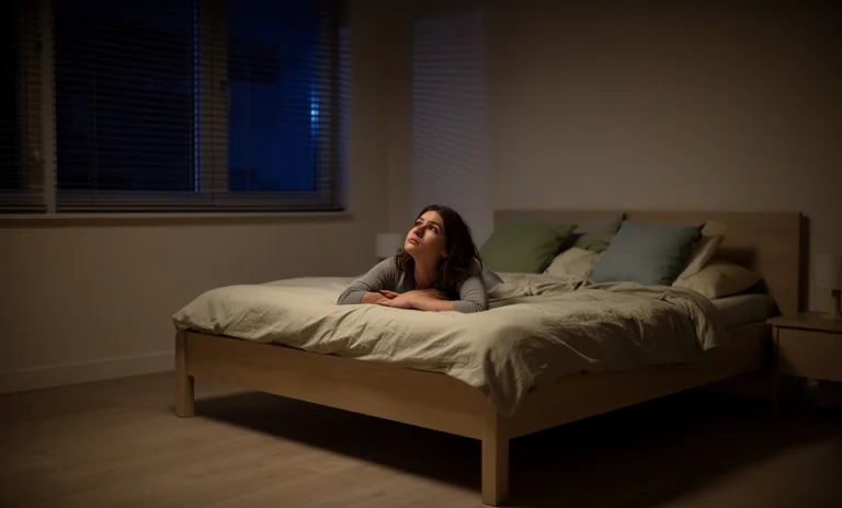 Gece yarısı yatakta düşünceli oturan bir kişi, ruh sağlığı sorunlarıyla baş etme sürecindeki duygusal yorgunluğu simgeliyor.