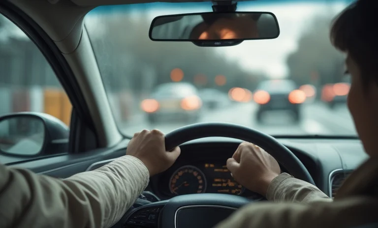 Trafikte direksiyon başında derin nefes alarak sakinleşmeye çalışan ve öfke kontrolü sağlayan bir sürücü.