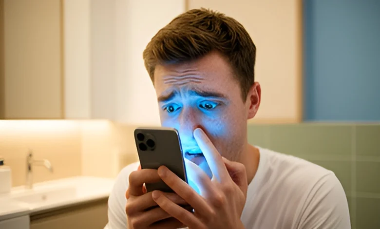 Karanlık bir odada telefon ekranına kilitlenen ve sosyal medya bağımlılığı belirtileri gösteren genç bir insan.